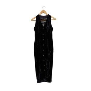 Vintage Y2K Black Velvet Lace Button Down Midi Dress Sleeveless Layering Goth XS